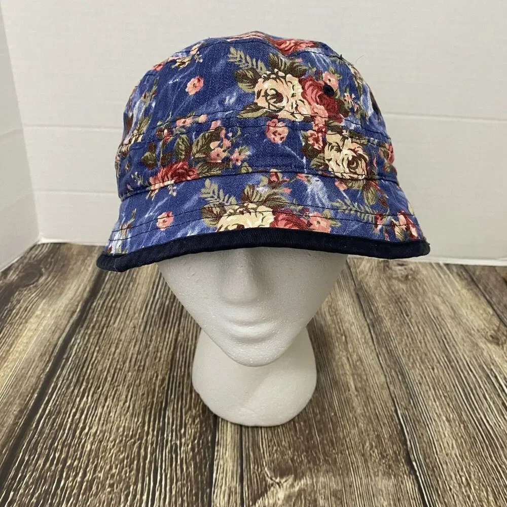 New Era Floral Print Denim Bucket Hat Sz XL Blue/Pink Cotton Blend
